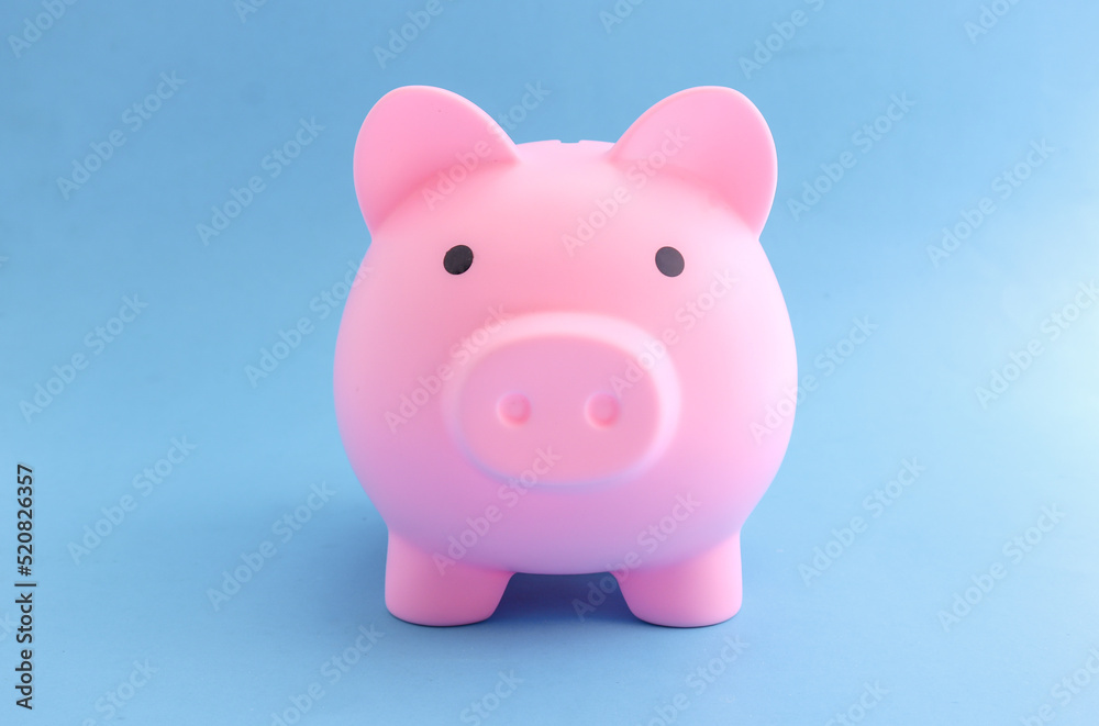 pink piggy bank on blue paper background