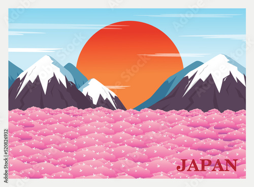 Postcard with bright Japanese landscape.