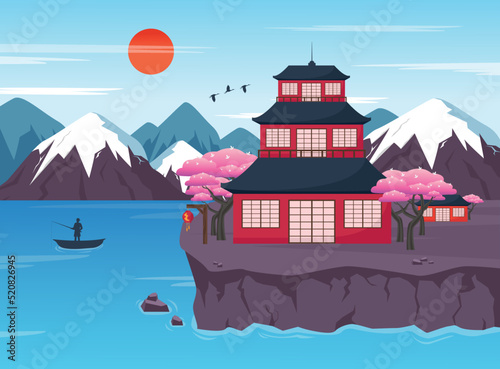 Bright Japanese landscape in flat style.