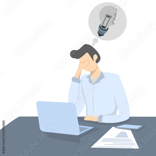Not inspired or motivated after a business failure, exhausted or exhausted by a crisis, no new inspirational ideas or concepts, depressed businessman in front of laptop with broken light bulb idea
