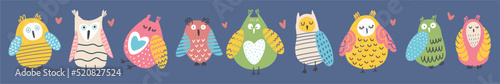 Vector collection with funny owls for kids. A hand-drawn drawing.
