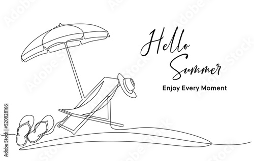 Continuous line drawing of summer vacation concept, sandy beach, beach umbrella, lounge chairs, straw hat, sunglasses and flip flops on tropical beach in single line doodle style. Editable strokes.