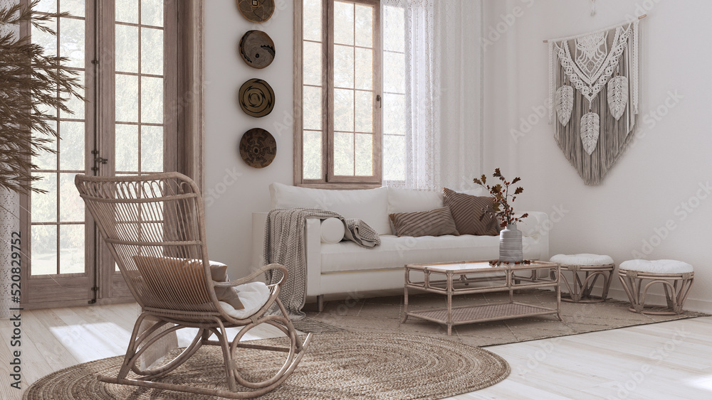 Poster Vintage living room in boho chic style in white and bleached wood tones – Wandbild