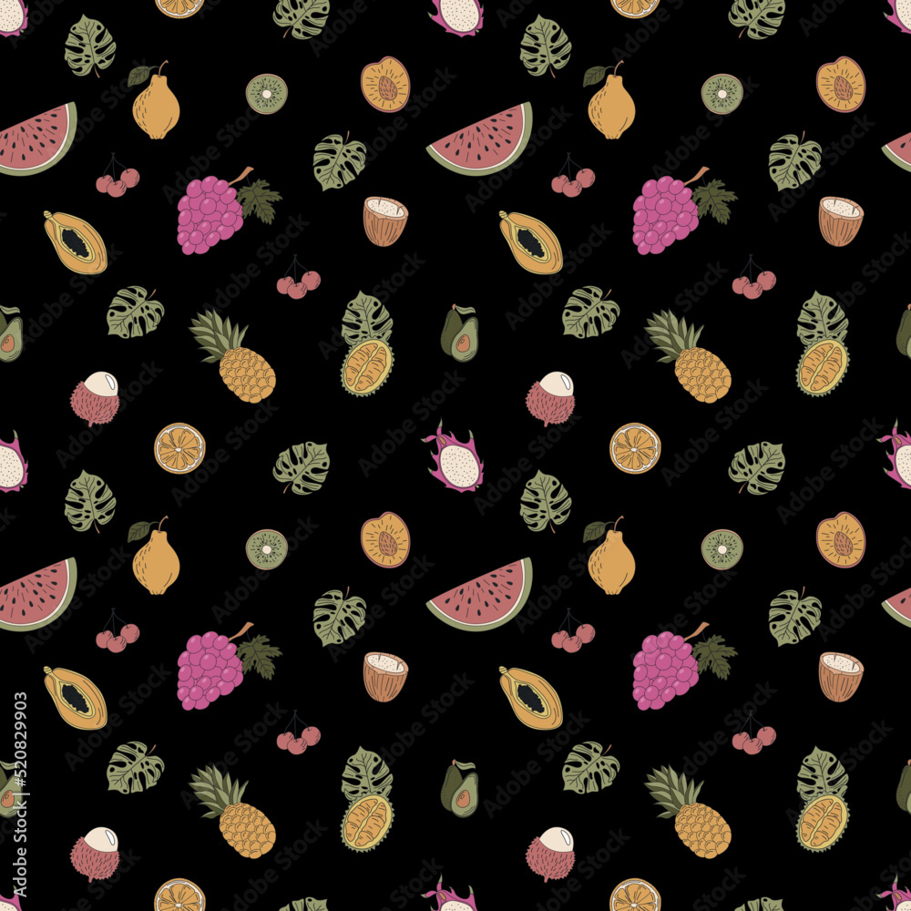 Seamless pattern with hand-drawn tropical fruits. Grapes, watermelon, dragon fruit and others. Seamless pattern with hand-drawn tropical fruits. Grapes, watermelon, dragon fruit and others.