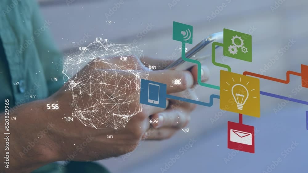 Animation of globe of connections and data processing over caucasian man using smartphone