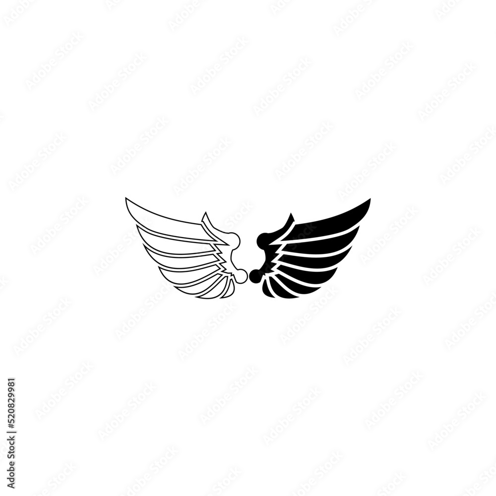 A pair of bird wings. Angel. Vector illustration for tattoo. Element for wood carving.