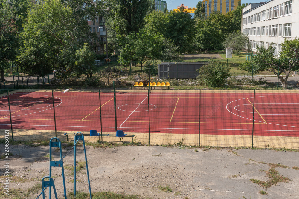 Marking on a modern stadium with artificial turf. School stadium.