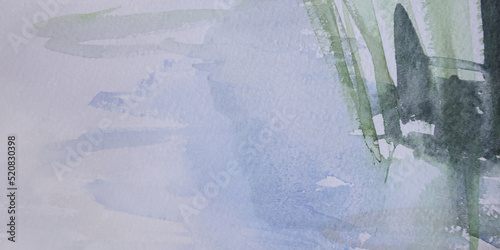 Freshness of nature laconic panorama background. Neutral wallpaper with space for text. Watercolor hand painted brush strokes. Abstract surface of fresh water reservoir with sedge