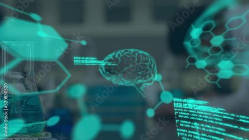 Animation of digital brain, molecules and data processing over caucasian scientist in lab photo