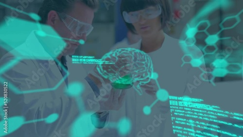 Animation of digital brain, molecules and data processing over diverse scientists in lab photo