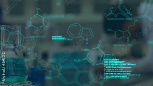 Animation of molecules and data processing over biracial scientist in lab photo
