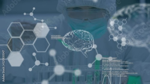 Animation of digital brain, molecules and data processing over caucasian scientist in lab photo