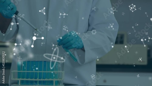 Animation of molecules over caucasian scientist in lab photo