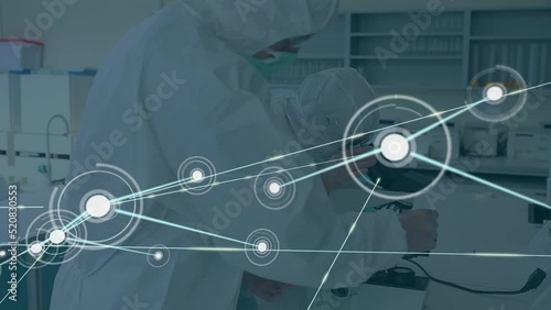 Animation of network of connections over diverse scientists in lab photo