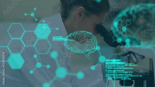 Animation of digital brain, molecules and data processing over caucasian scientist in lab photo