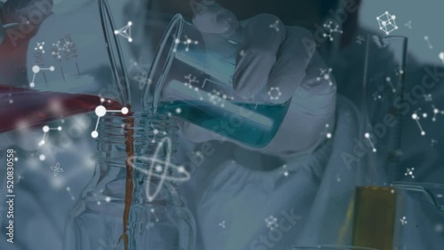Animation of molecules over caucasian scientist in lab photo