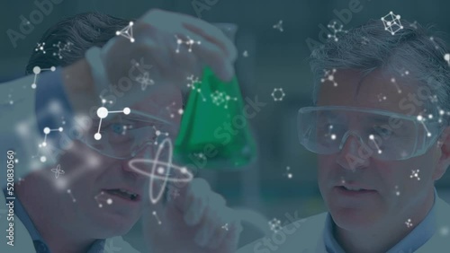 Animation of molecules over diverse scientists in lab photo