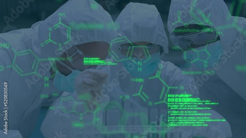 Animation of molecules and data processing over diverse scientists in lab photo