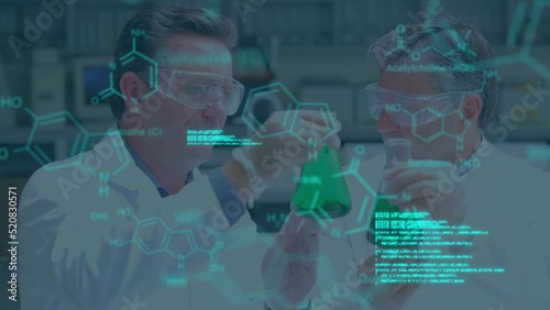 Animation of molecules and data processing over diverse scientists in lab photo