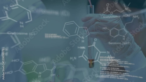Animation of molecules and data processing over caucasian scientist in lab photo