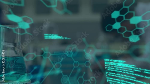 Animation of molecules and data processing over biracial scientist in lab photo