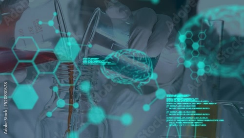 Animation of digital brain, molecules and data processing over caucasian scientist in lab photo
