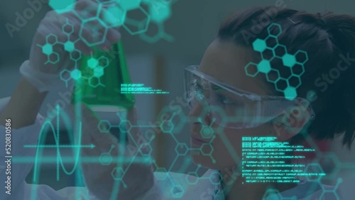 Animation of molecules and data processing over caucasian scientist in lab photo