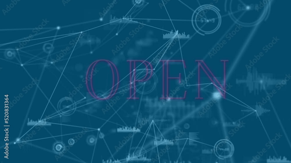 Animation of open text and network of connections spinning on blue background Animation of open text and network of connections spinning on blue background