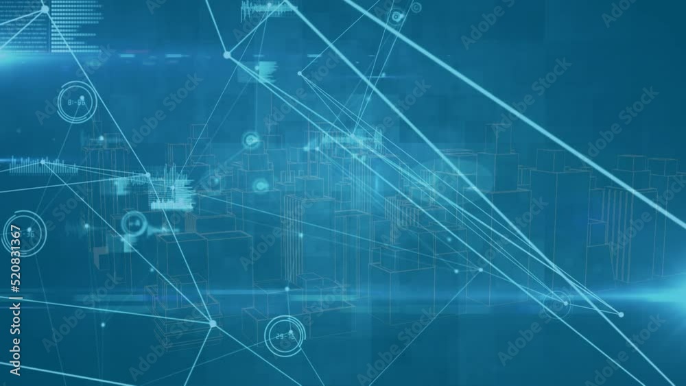 Animation of network of connections over 3d cityscape spinning on blue background Animation of network of connections over 3d cityscape spinning on blue background
