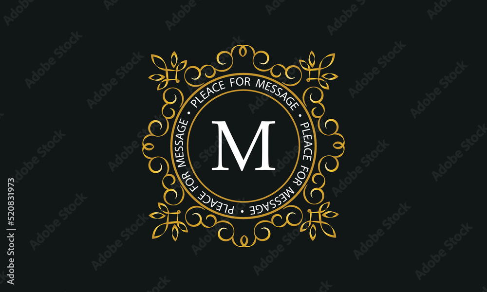 Luxury background of golden color and letter M. Template for design elements of ornament, label, logotype