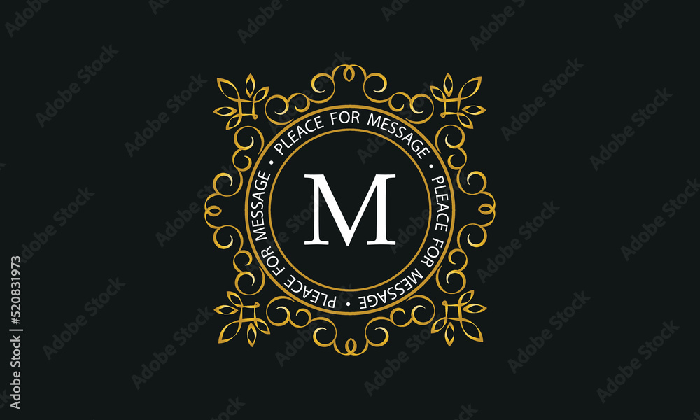 Luxury background of golden color and letter M. Template for design elements of ornament, label, logotype Luxury background of golden color and letter M. Template for design elements of ornament, label, logotype