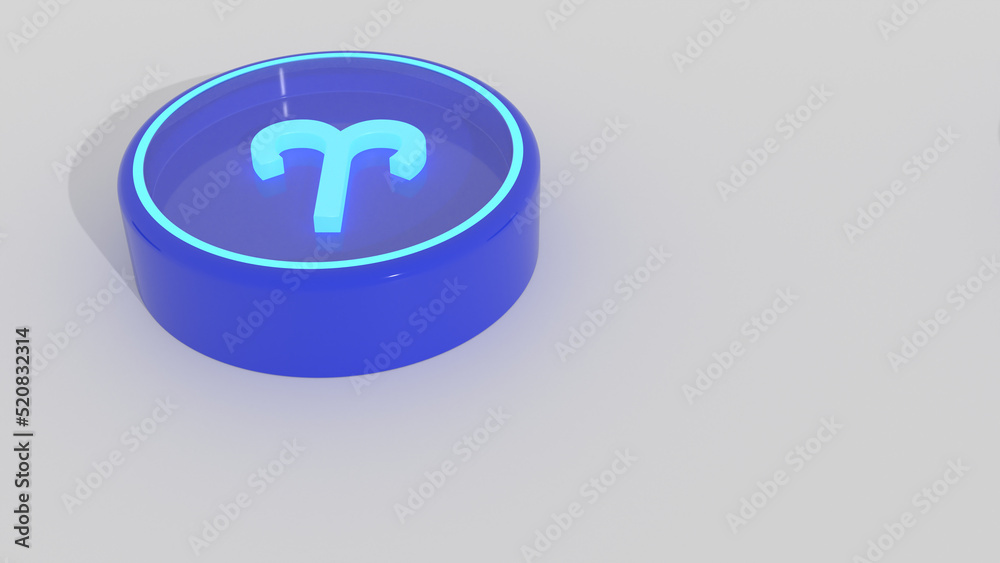 Aries. Zodiac sign in the corner of the frame, free space for insertion. A blue cylinder with a blue glowing border and an image of a blue glowing zodiac sign inside behind glass. 3D render. Aries. Zodiac sign in the corner of the frame, free space for insertion. A blue cylinder with a blue glowing border and an image of a blue glowing zodiac sign inside behind glass. 3D render.