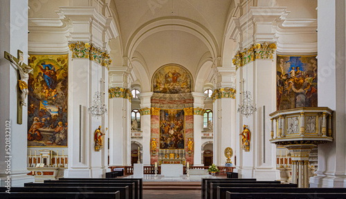 Heidelberg Jesuit church interior view looking towards the altar. Baden Wuerttemberg, Germany, Europe