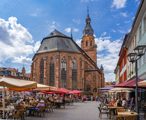 Heidelberg market place and Church of the Holy Spirit in the background. Baden-Württemberg, Germany, , Europe.