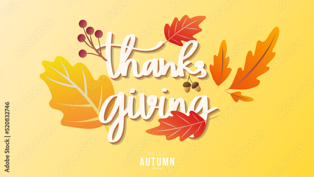 thanksgiving handwriting calligraphy with leaf autumn for content online or banner for your website and template , Flat Modern design , illustration Vector EPS 10