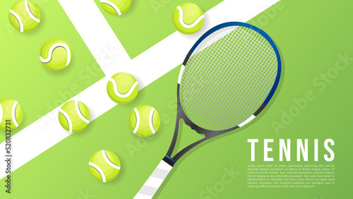 Tennis ball with Tennis racket in  the green tennis court , Simple flat design style , illustration Vector EPS 10, can use for tennis Championship Logo