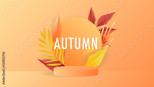 Autumn seasonal background with podium display minimum and autumn leaves on orange background , illustration 3D Vector EPS 10