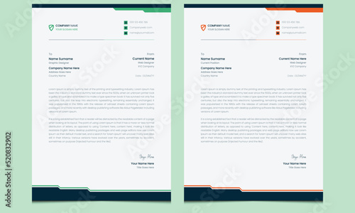 Simple unique minimalist creative clean fresh official news letter abstract company real estate corporate professional modern business style letterhead design template orange green color.