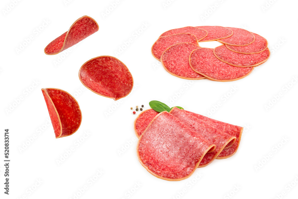 Falling salami isolated on white background. Falling salami isolated on white background.