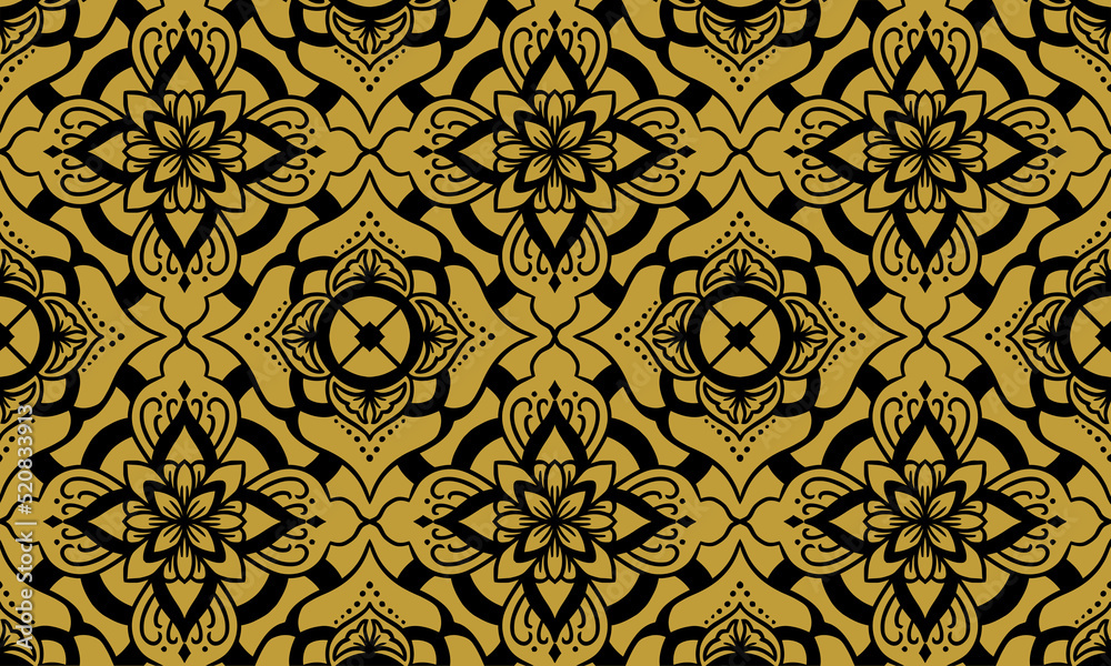 Black and gold circle flower pattern in vintage mandala style for tattoos, fabrics or decorations and more.