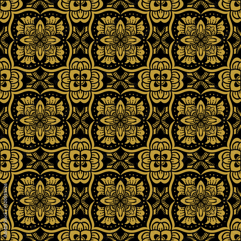 seamless pattern black and gold  flower pattern in vintage mandala style for tattoos, fabrics or decorations and more. Vector illustration.