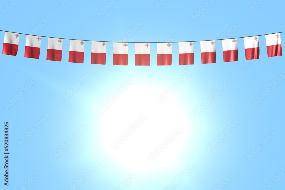 nice many Malta flags or banners hanging on rope on blue sky background - any feast flag 3d illustration..