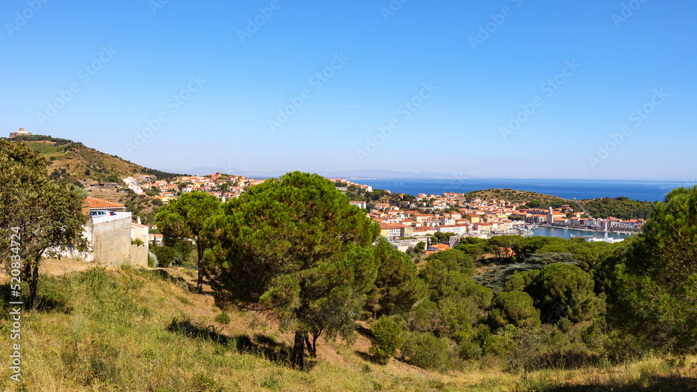 Wide panorama of the harbor of Port Vendres from Fort St Elme.