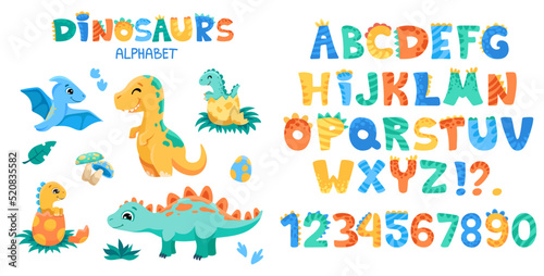 Dino font with alphabet letters  cute dinosaurs  signs and numbers. Character collection in hand drawn cartoon style for your design  nursery or kindergarten banners and posters. Vector illustration
