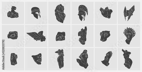 Vector set of logo with antique sculptures. Vector illustration with classical Sculpture for card poster T-Shirt or printing. Contemporary hand drawn mythical collection in line design style. Vector