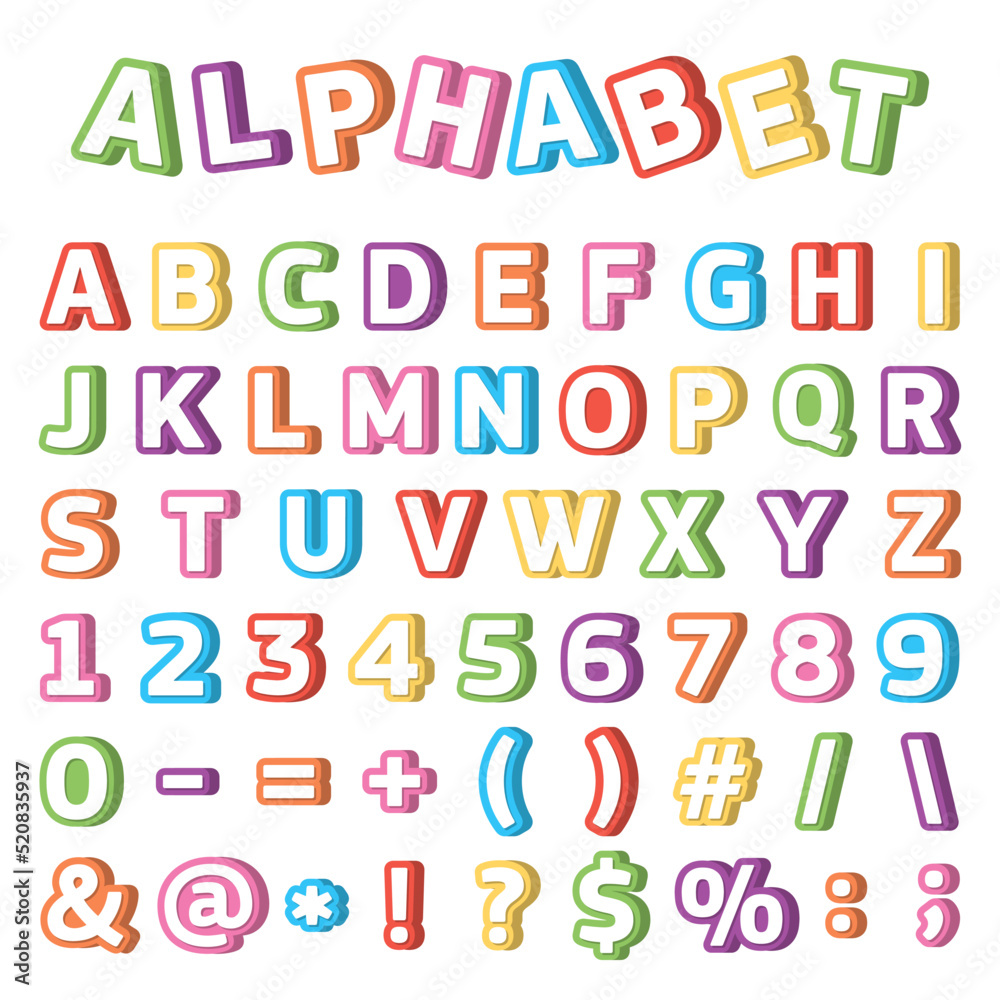 Vector multi-colored alphabet, letters, signs and numbers in 3D style, for children and schoolchildren, the study of letters.