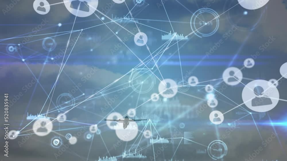 Animation of network of connections with icons over plane