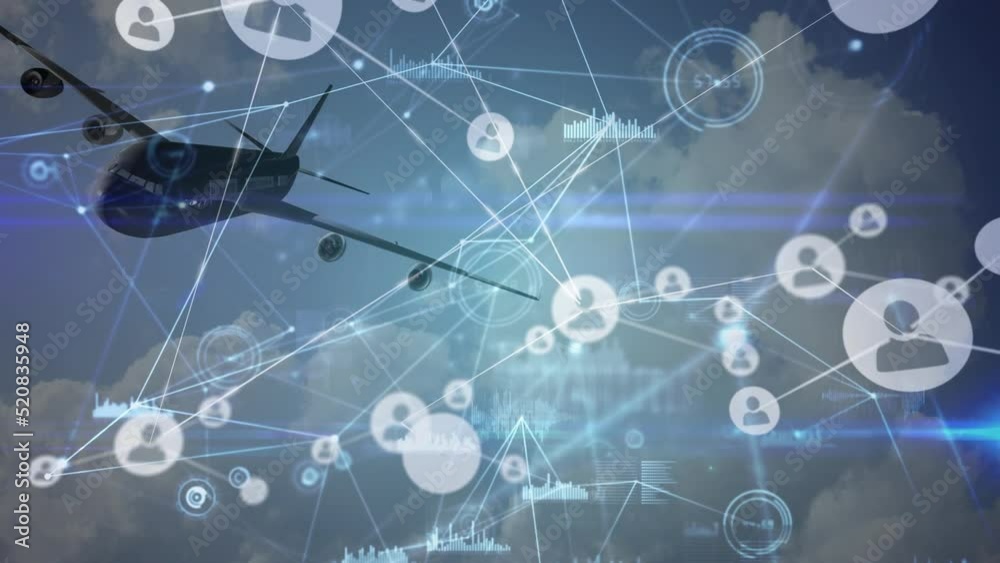 Animation of data processing over clouds and plane Animation of data processing over clouds and plane