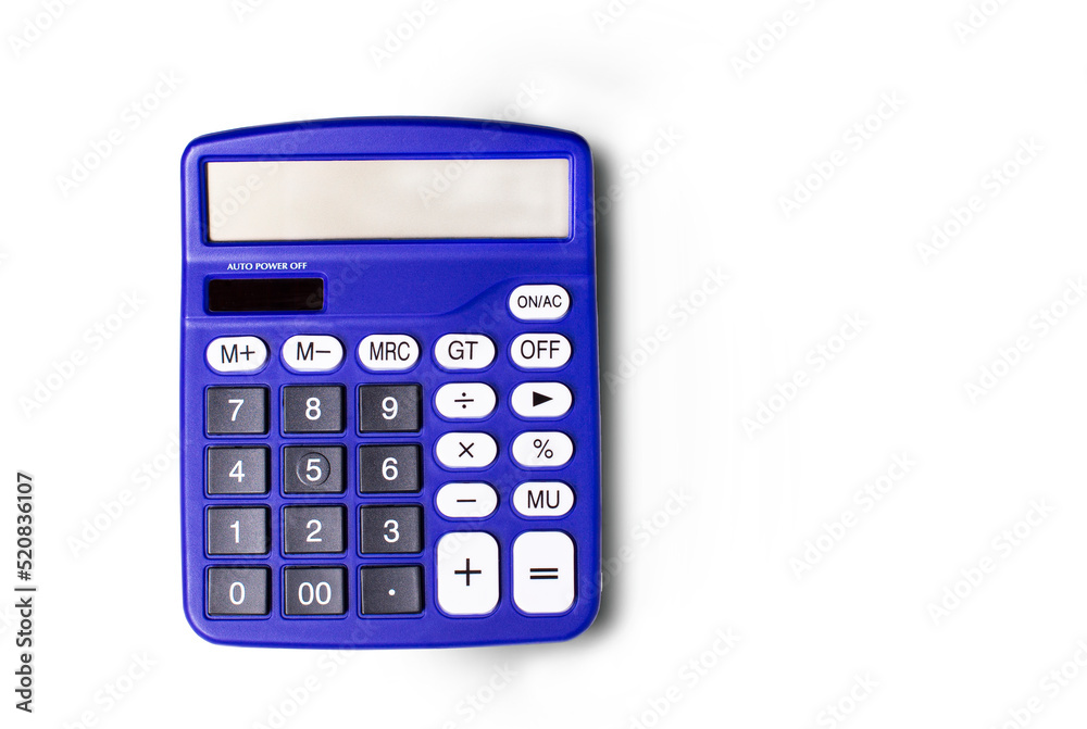Blue digital calculator on a white background. Top view with place to insert text Blue digital calculator on a white background. Top view with place to insert text