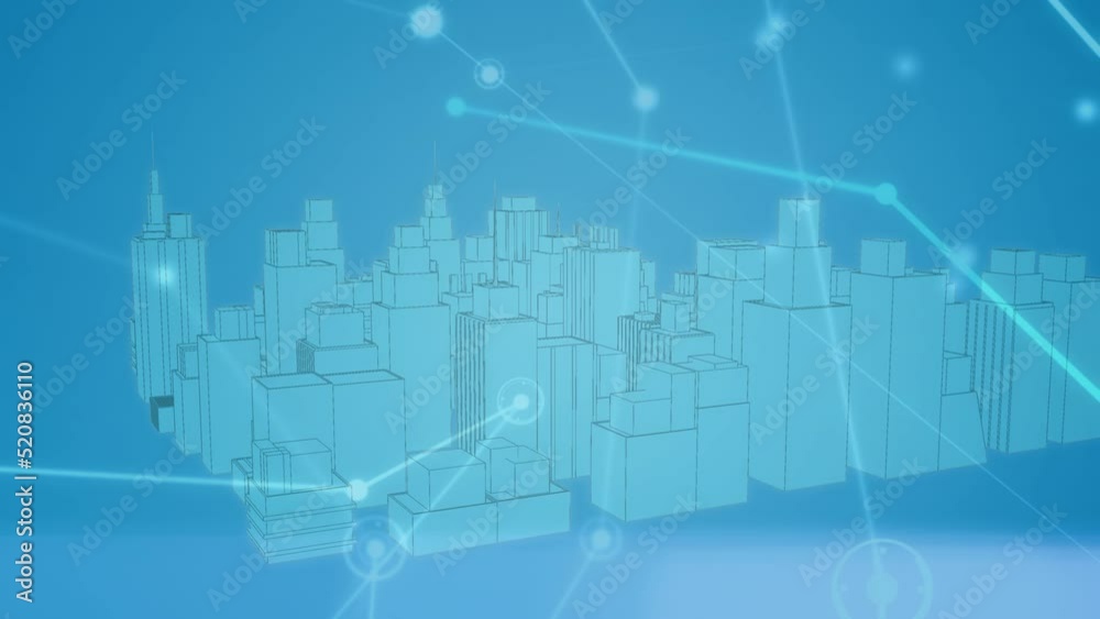 Animation of network of connections with icons over city Animation of network of connections with icons over city